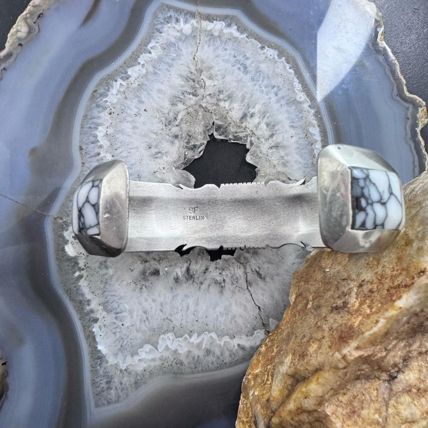 Steve Francisco Native American Sterling Silver White Buffalo Inlay Bracelet For Women