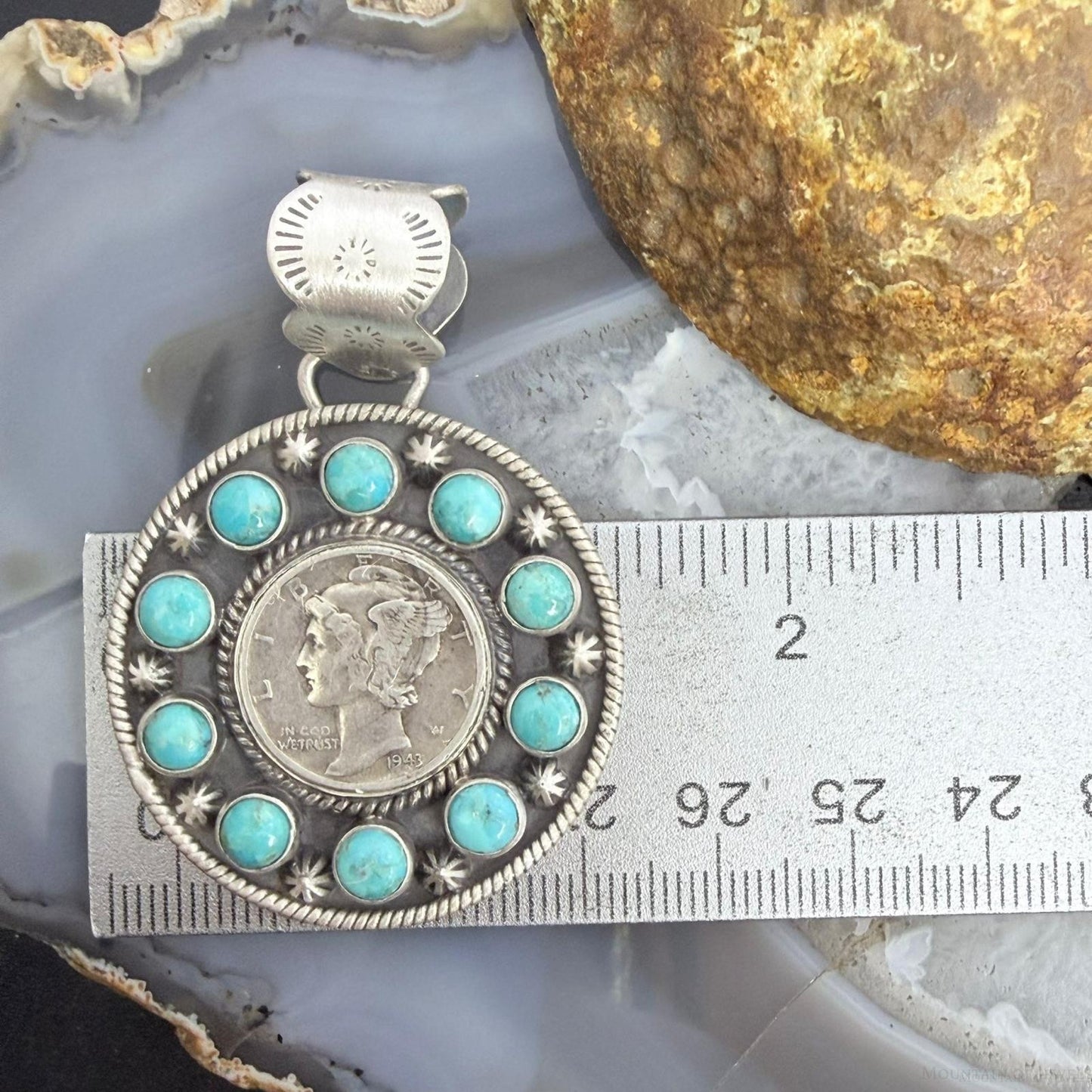 Genuine 1943 90% Silver Mercury Dime Coin w/Mohave Turquoise Unisex Pendant