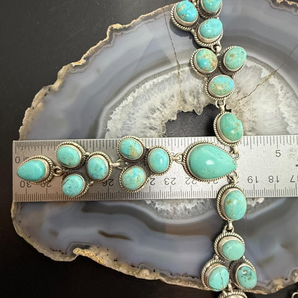 Sterling Silver Southwestern Style KingmanTurquoise Lariat Cluster 24.5" Necklace