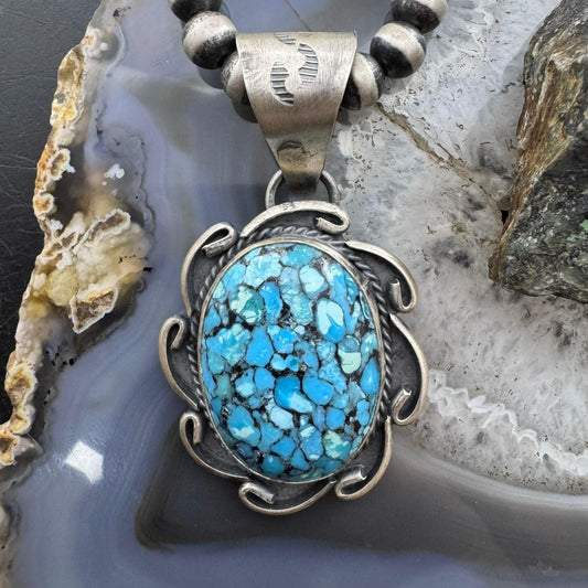 Gilbert Nez Native American Sterling Silver Composite Kingman Turquoise Pendant For Women