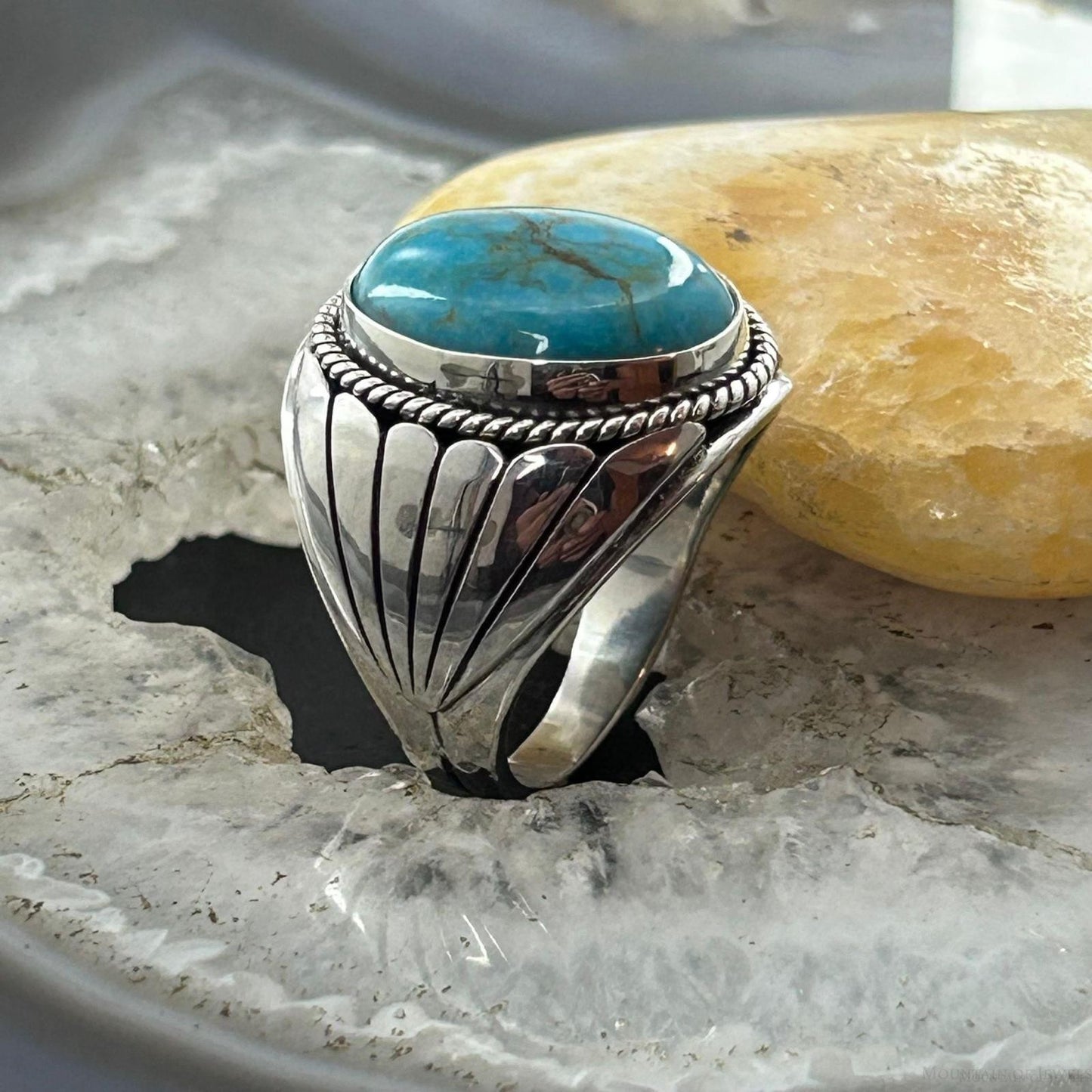 Native American Sterling Silver Oval Turquoise Shield Ring Size 10.75 For Men