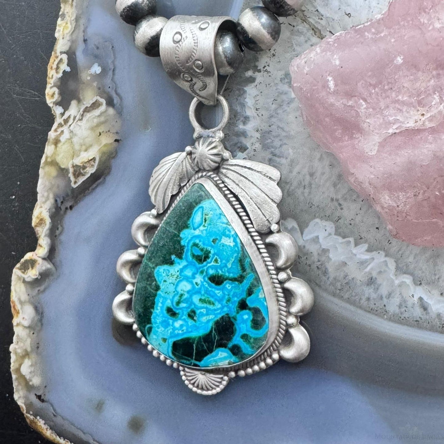 Sterling Silver Southwestern Style Large Teardrop Azurite Malachite Decorated Pendant For Women