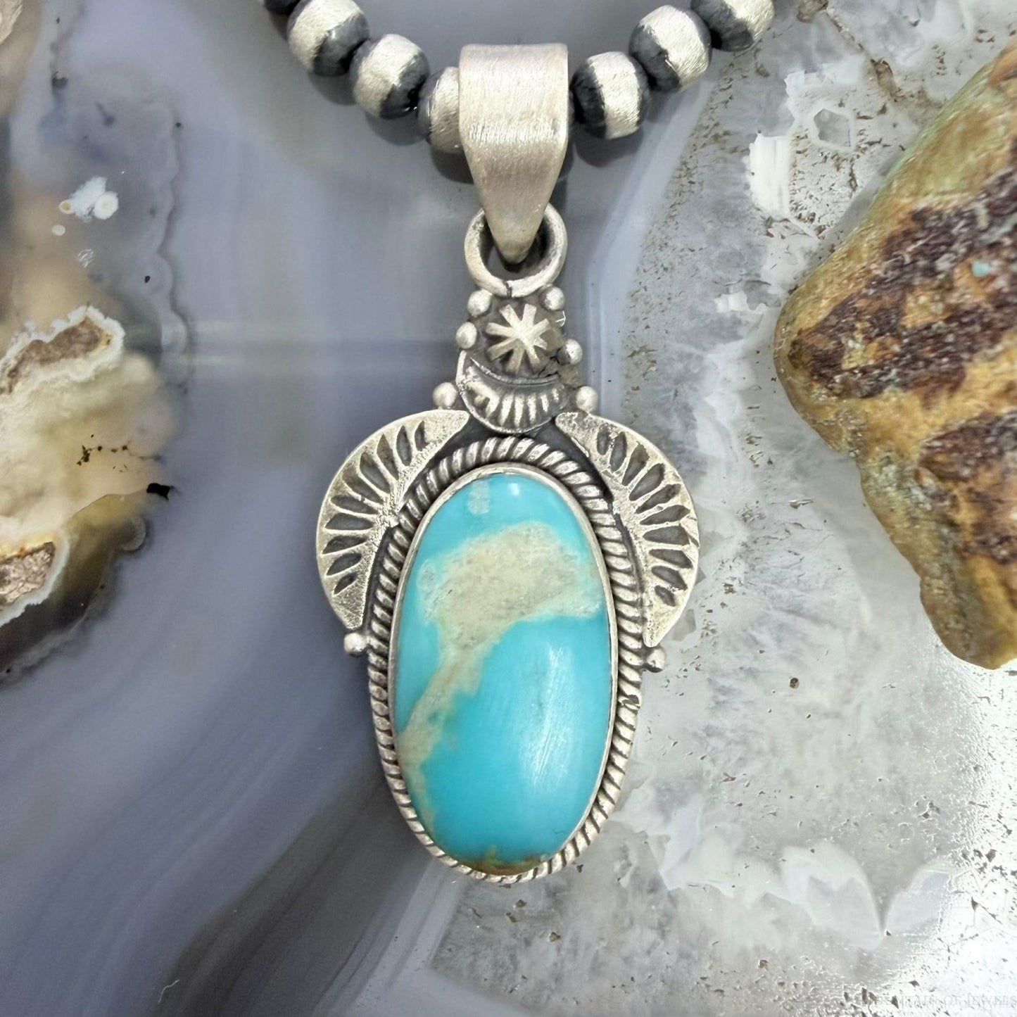 Sterling Silver Southwestern Style Oval Kingman Turquoise Decorated Pendant For Women