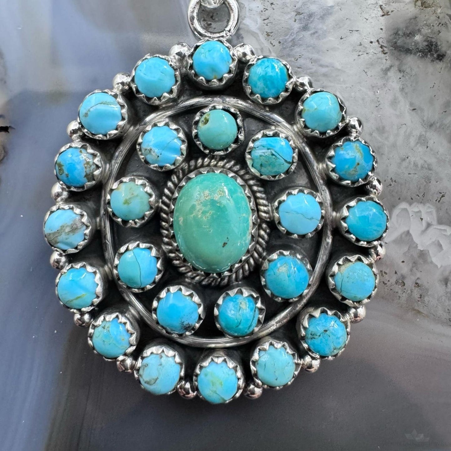 Sterling Silver Southwestern Style Rounded Turquoise Round Cluster Pendant For Women