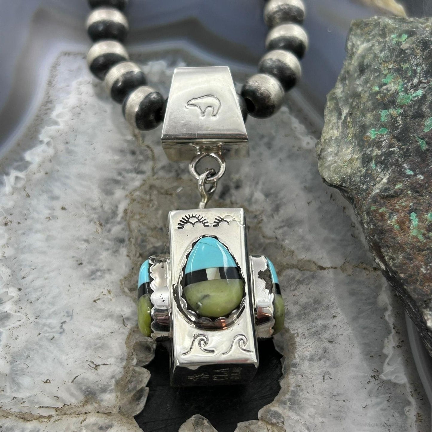 Cliffton Aguilar Santo Domingo Sterling Silver Multistone Decorated Rectangular Pendant