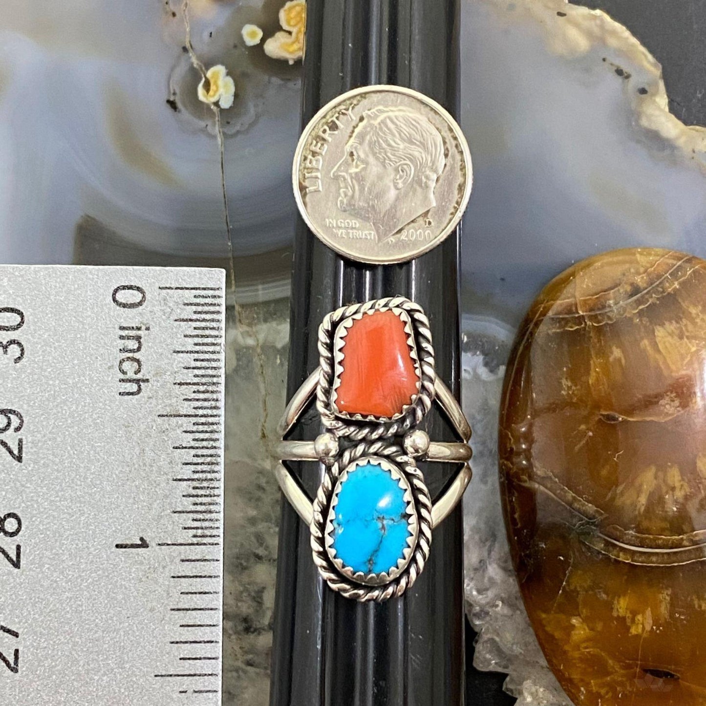 Native American Sterling Silver Turquoise & Coral Ring Size 8.25 For Women