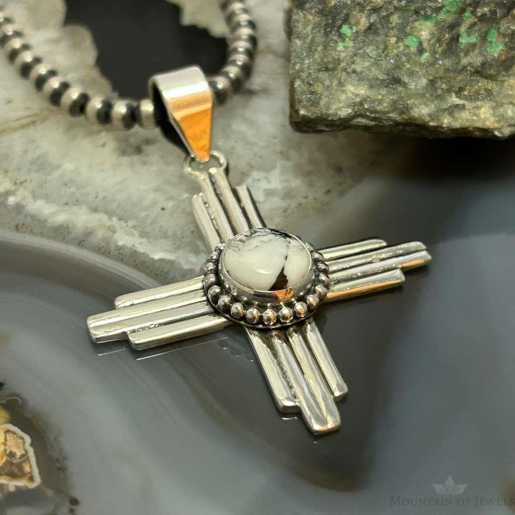 Sterling Silver Southwestern Style Rounded White Buffalo Unisex Zia Pendant