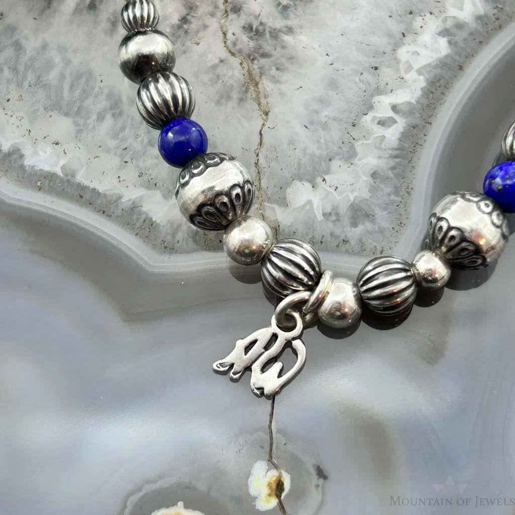 Carolyn Pollack Sterling Silver Navajo Pearl Style Bead & Lapis Bead Stretch Bracelet For Women