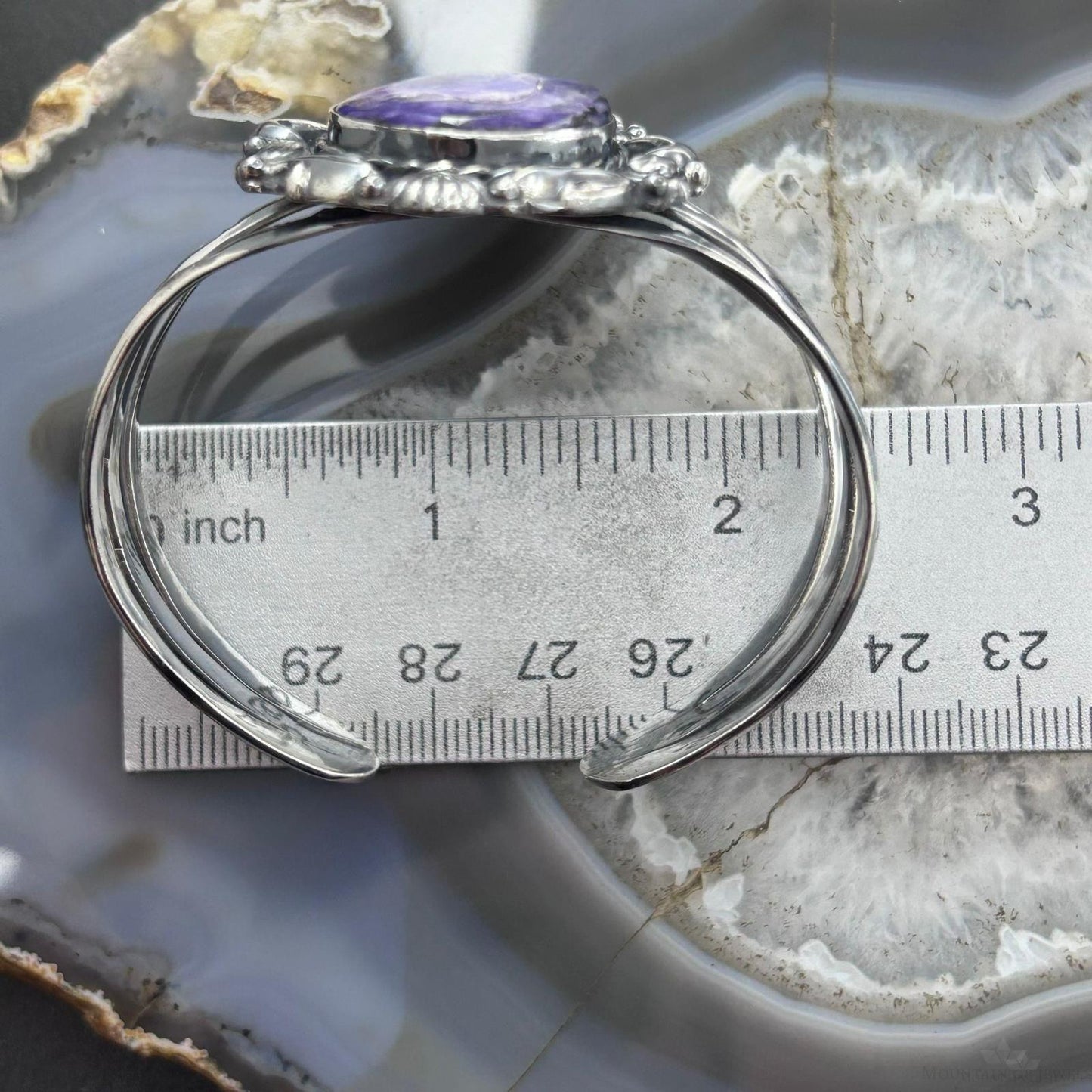 Sterling Silver Southwestern Style Large Teardrop Charoite Decorated Bracelet For Women