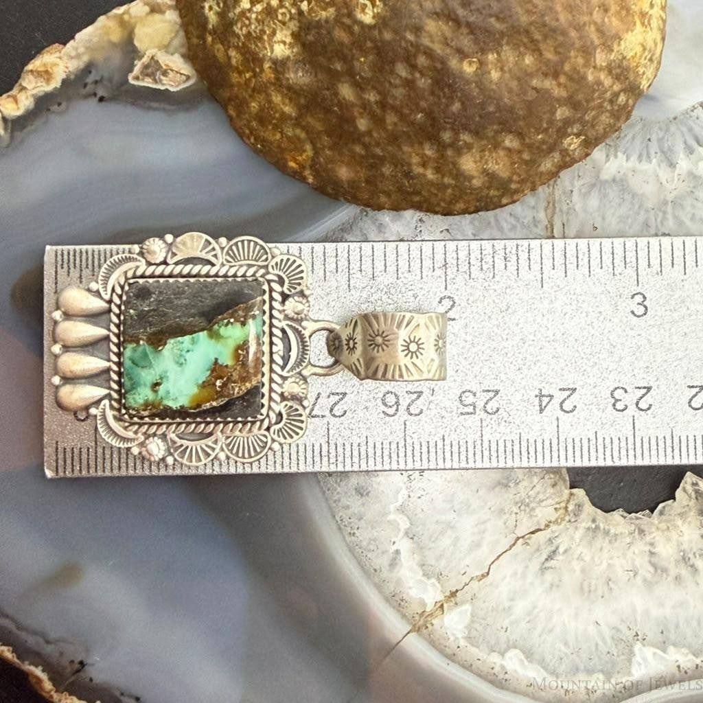Sterling Silver Southwestern Style Square Blackjack Turquoise Decorated Pendant For Women