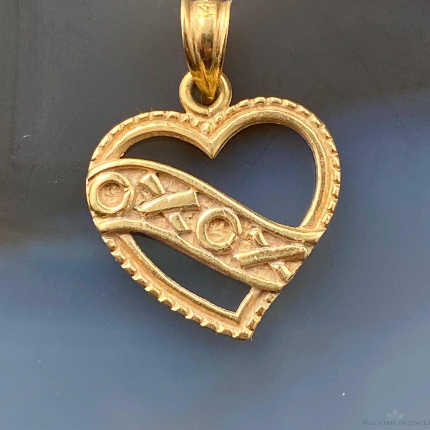 14K Yellow Gold Double Sided Heart Shape "XOXO" and Hearts Dainty Pendant