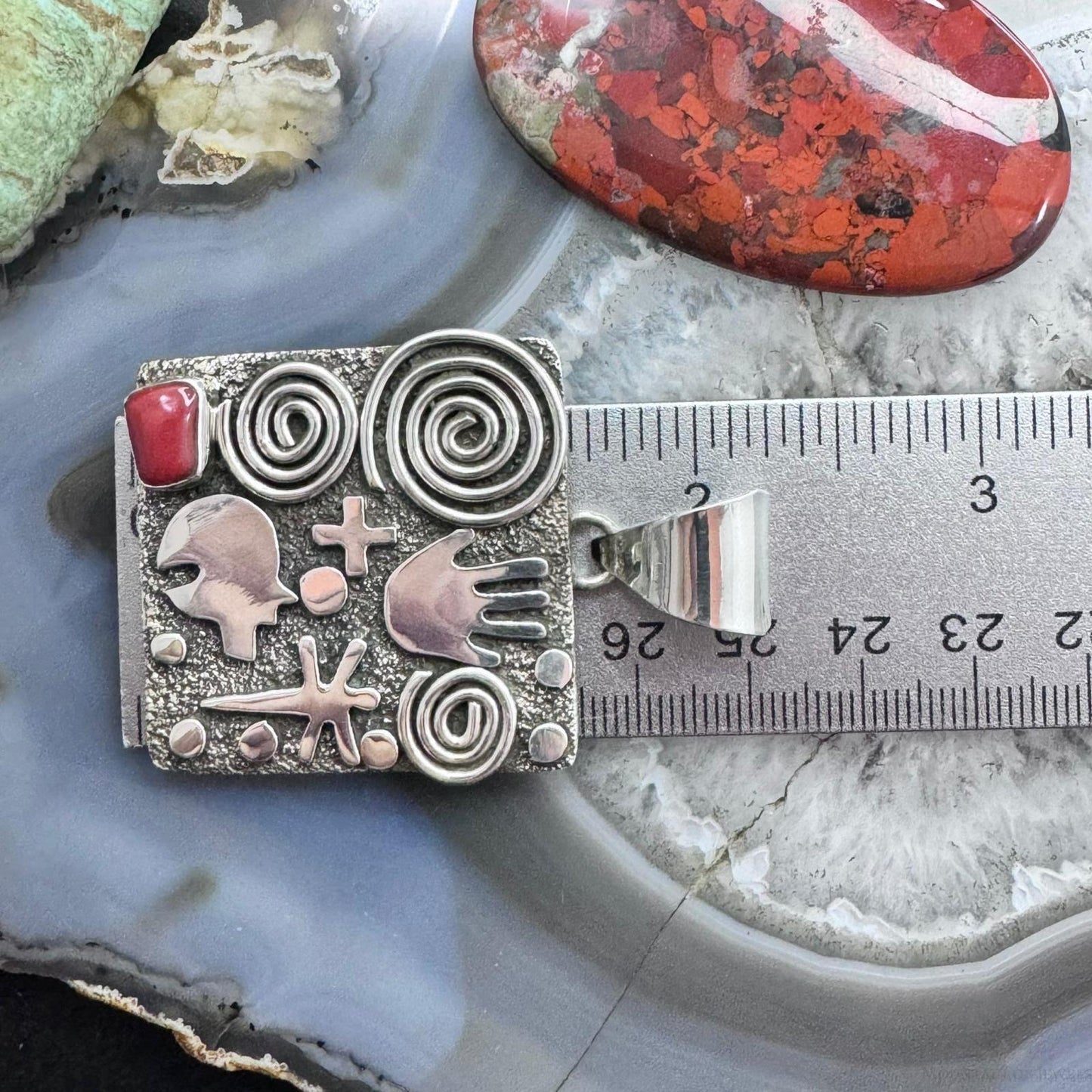 Alex Sanchez Native American Sterling Silver Coral Square Petroglyph Unisex Pendant