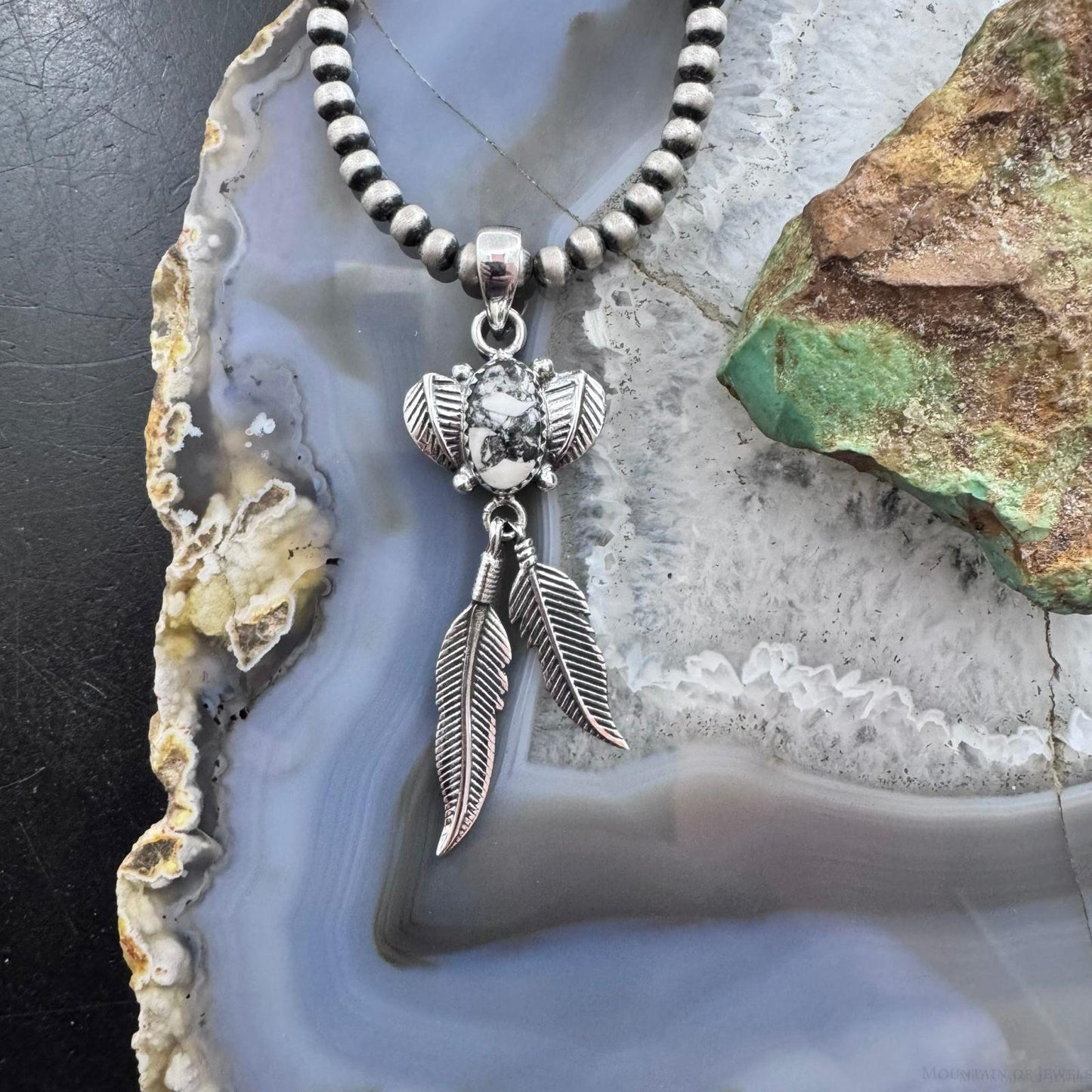 Sterling Silver Southwestern Style White Buffalo Feathers w/Leaves Pendant For Women