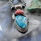Native American Sterling Silver Oval Orange Spiny Oyster W/Triangular Turquoise Pendant For Women