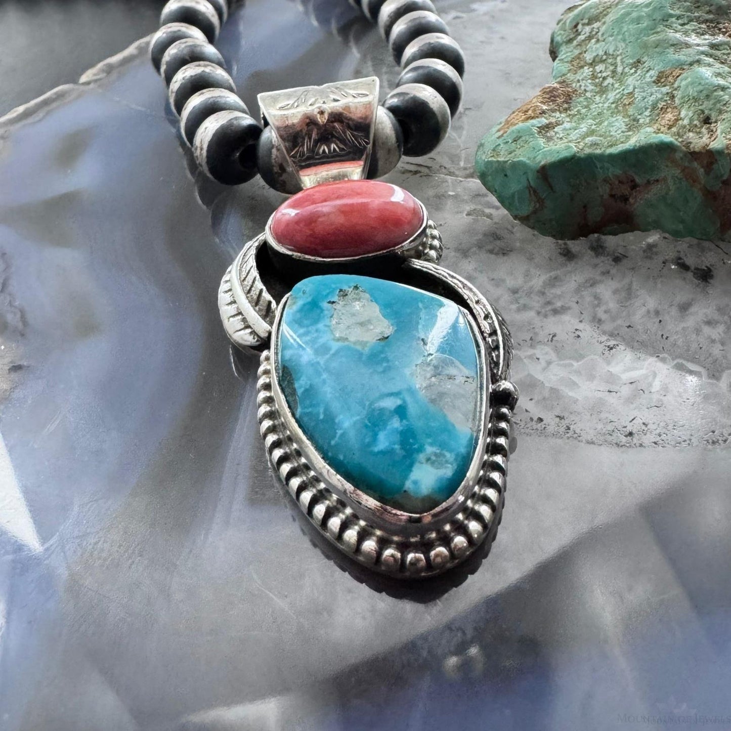 Native American Sterling Silver Oval Orange Spiny Oyster W/Triangular Turquoise Pendant For Women