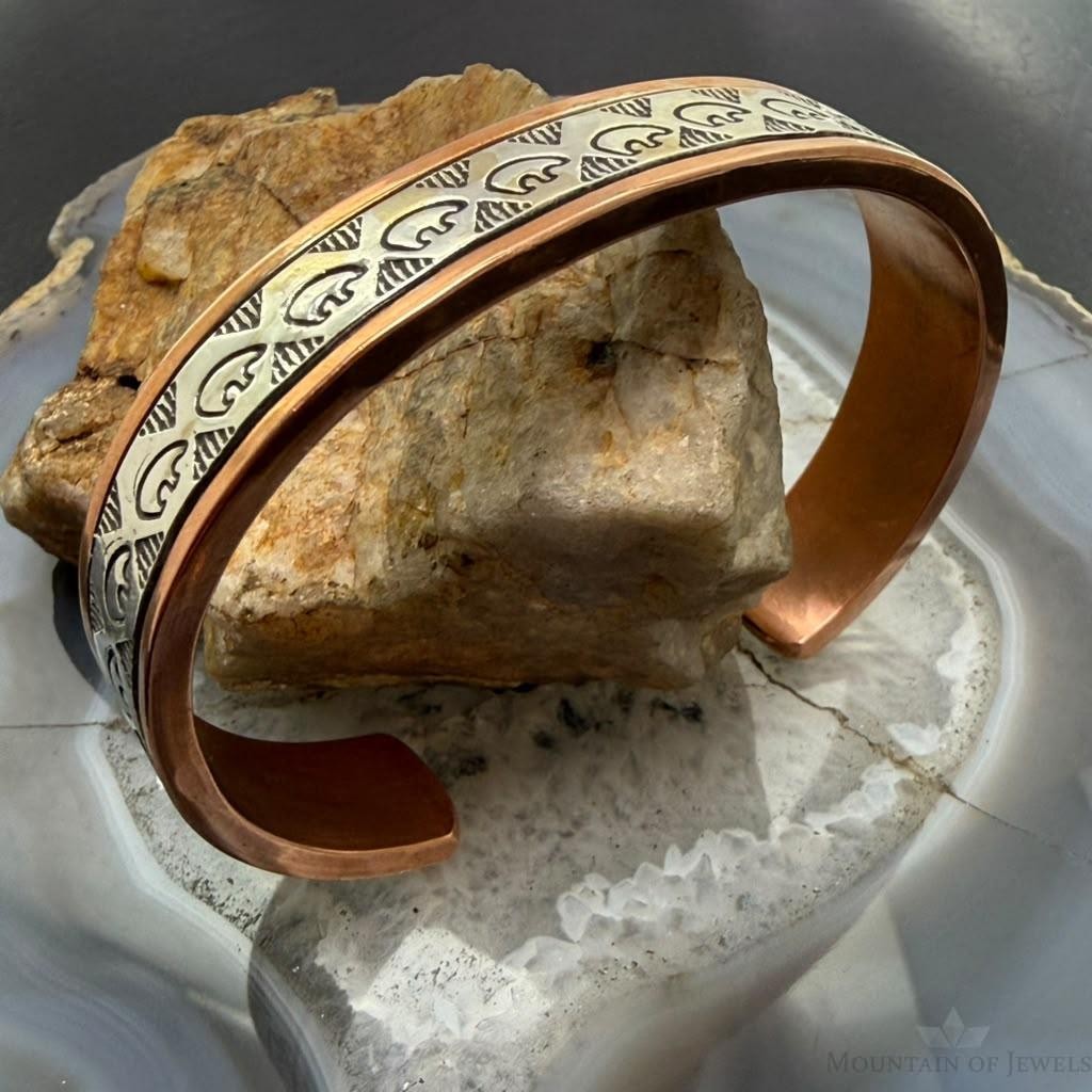 Wylie Secatero Navajo Sterling Silver & Copper Stamped Bear Bracelet For Men