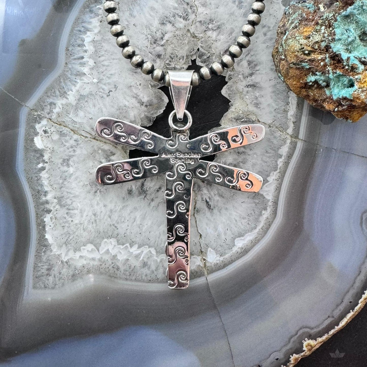 Alex Sanchez Native American Sterling Silver Turquoise & Petroglyph Dragonfly Unisex Pendant