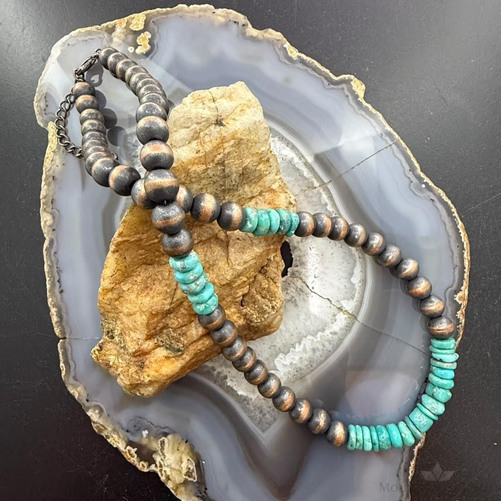 Southwestern Style Copper 8mm Round Navajo Pearl Beades &Turquoise Disk Necklace For Women