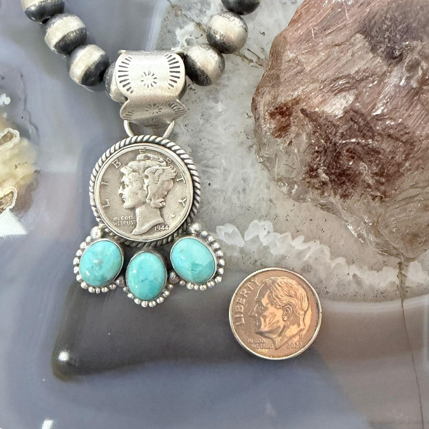 Genuine 1944 Silver 90% Silver Mercury Dime Coin Mohave Turquoise Unisex Sterling Silver Pendant