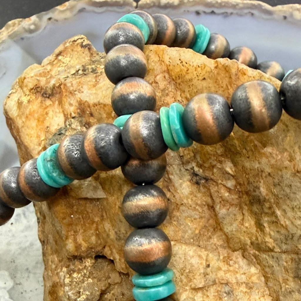 Southwestern Style Copper 8mm Navajo Pearl Beades &Turquoise Disk Necklace For Women