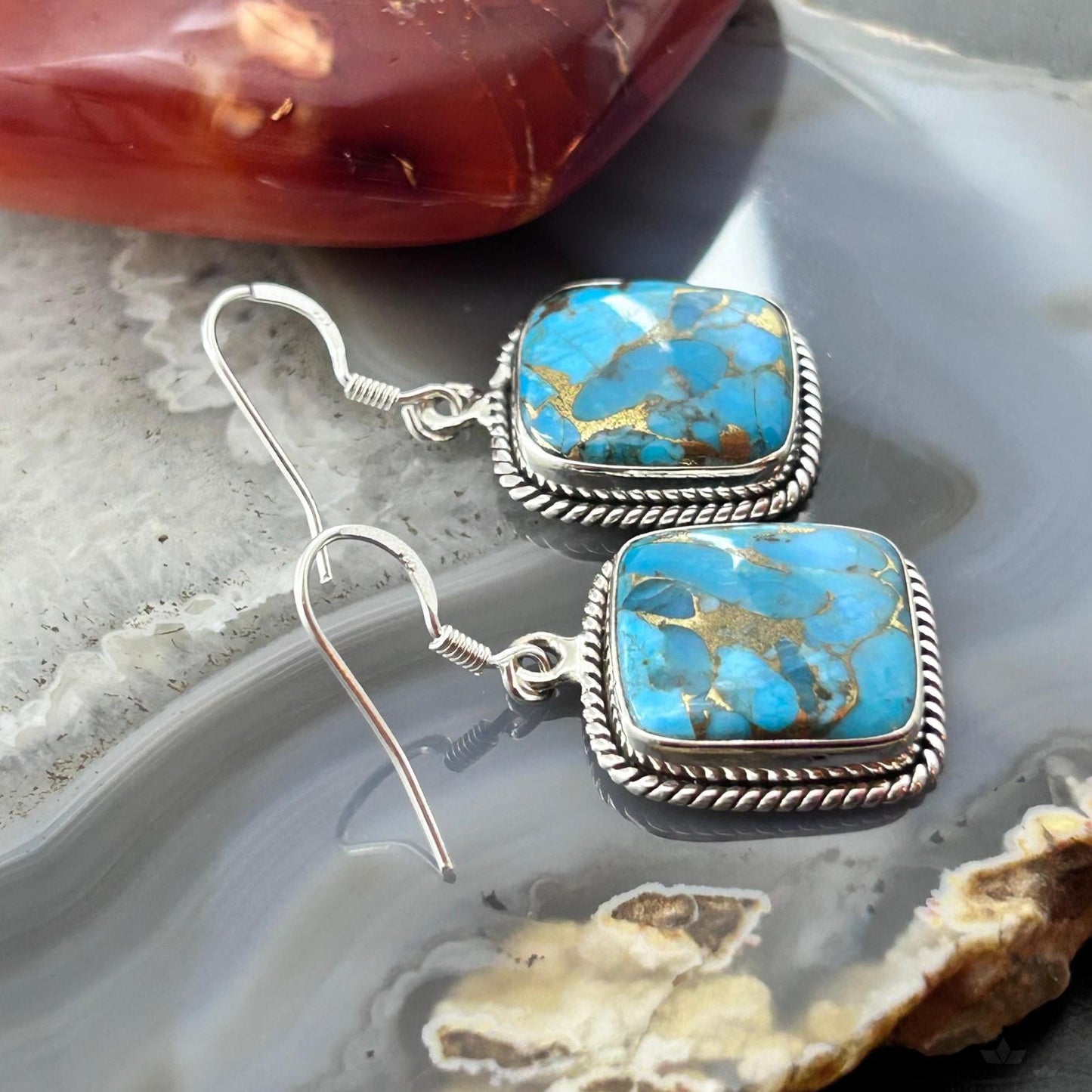 Sterling Silver Southwestern Style Blue Copper Turquoise Dangle Earrings For Women