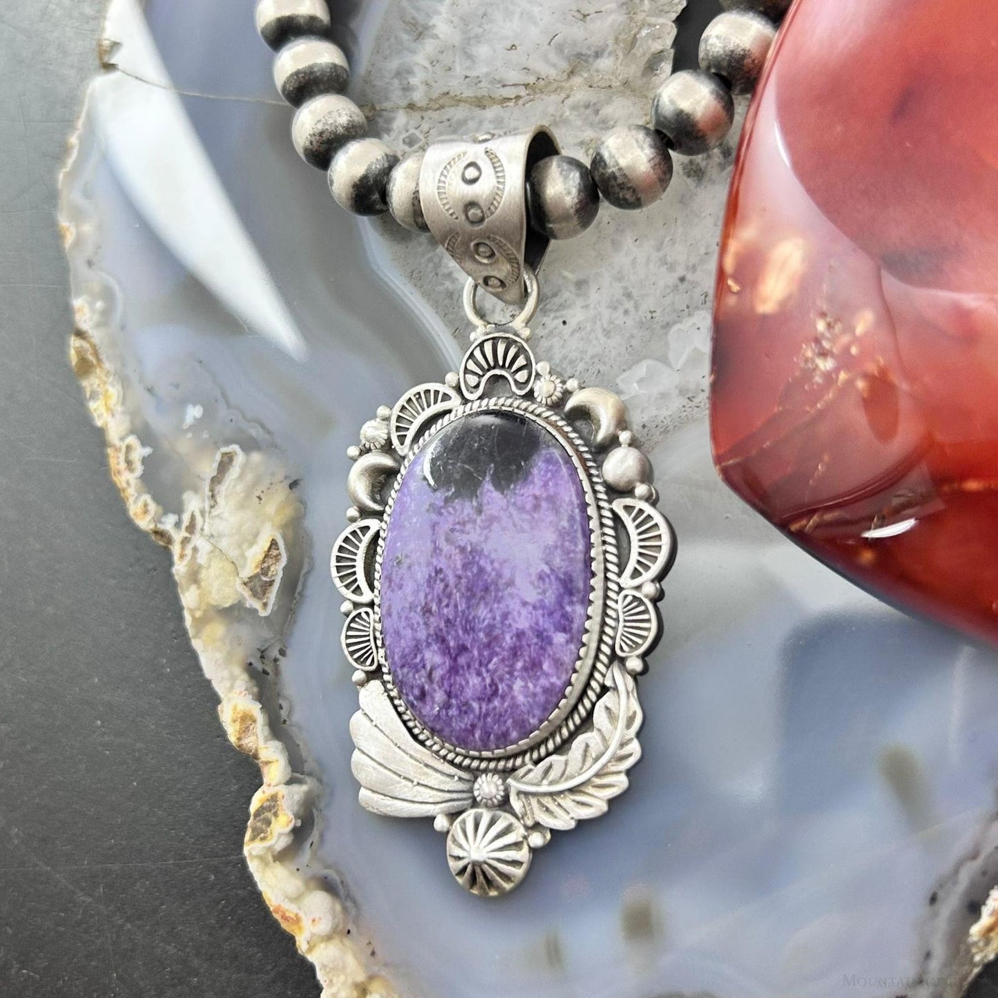Sterling Silver Southwestern Style Oval Charoite Decorated Pendant For Women