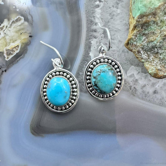 Sterling Silver Southwestern Style Oval Turquoise Dangle Earrings For Women