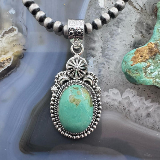 Sterling Silver Southwestern Style Oval Green Turquoise Decorated Pendant For Women