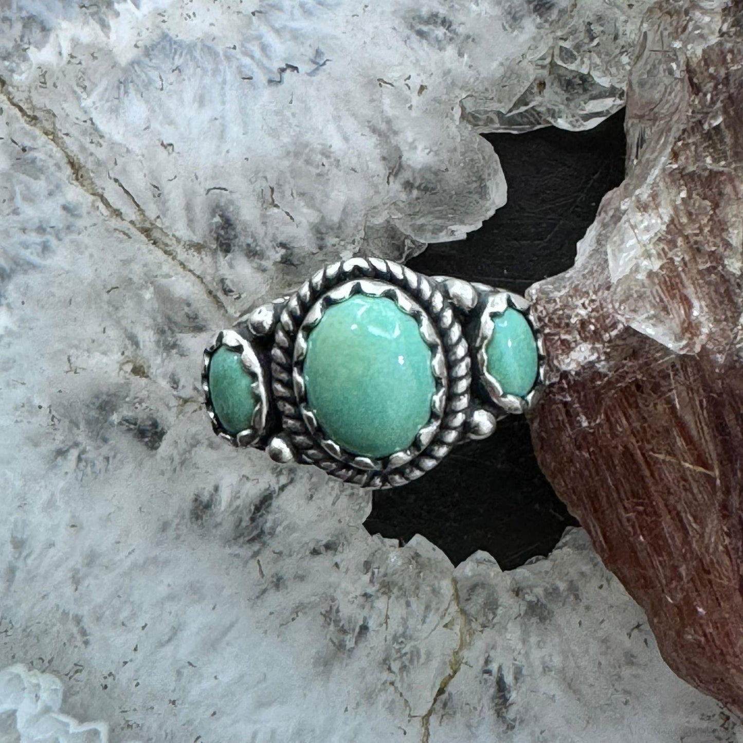 Carolyn Pollack Sterling Silver 3 Oval Green Turquoise Decorated Ring For Women