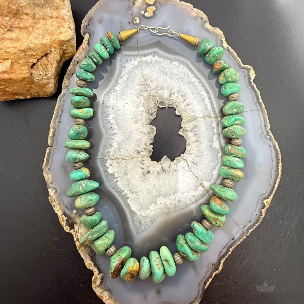 Vintage Sterling Silver Native American Natural Chunky Turquoise 14" Necklace For Women