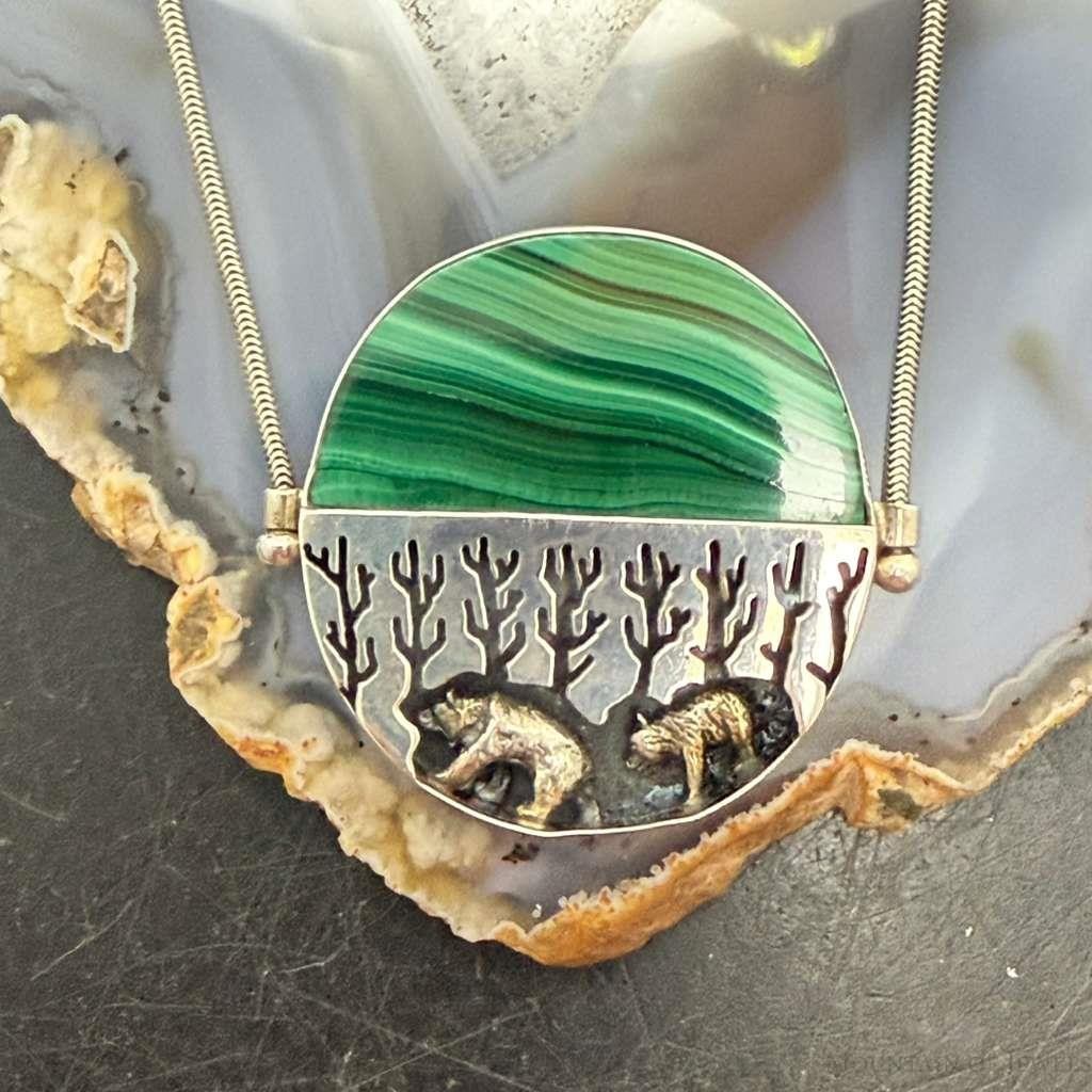 Sterling Silver Malachite With Two Bears In A Forest 20" Necklace For Women