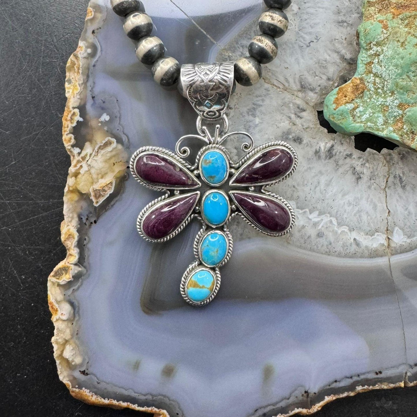 Native American Sterling Silver Turquoise & Spiny Oyster Dragonfly Pendant For Women