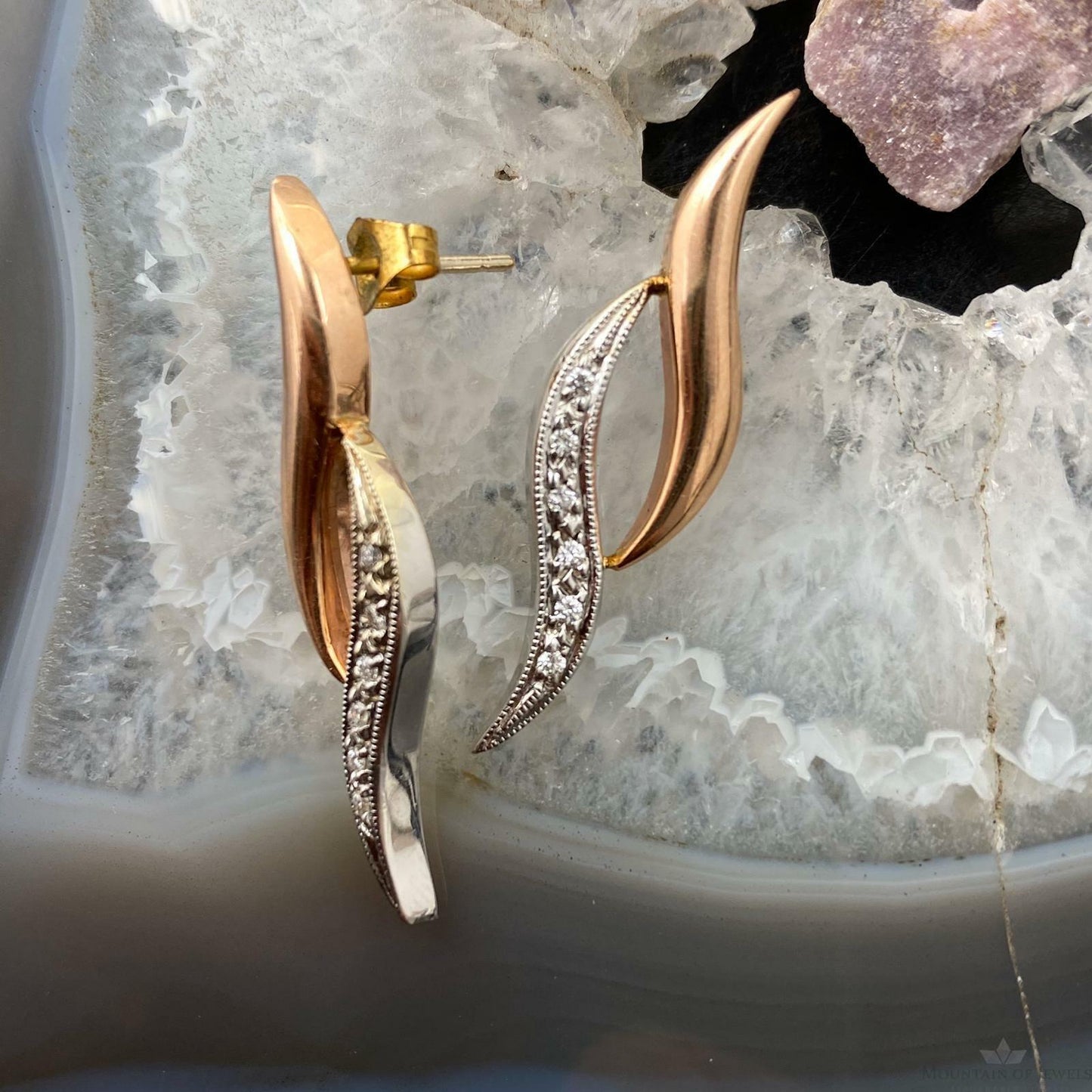 14K Two Tone Gold Diamonds Wavy Stud Earrings For Women