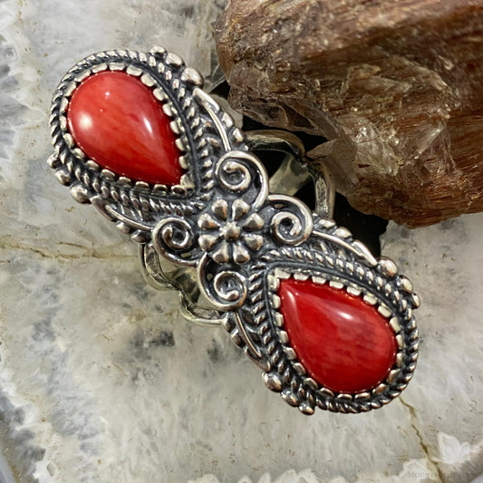 Carolyn Pollack Southwestern Style Sterling Silver 2 Pear Red Jasper Decorated Ring For Women