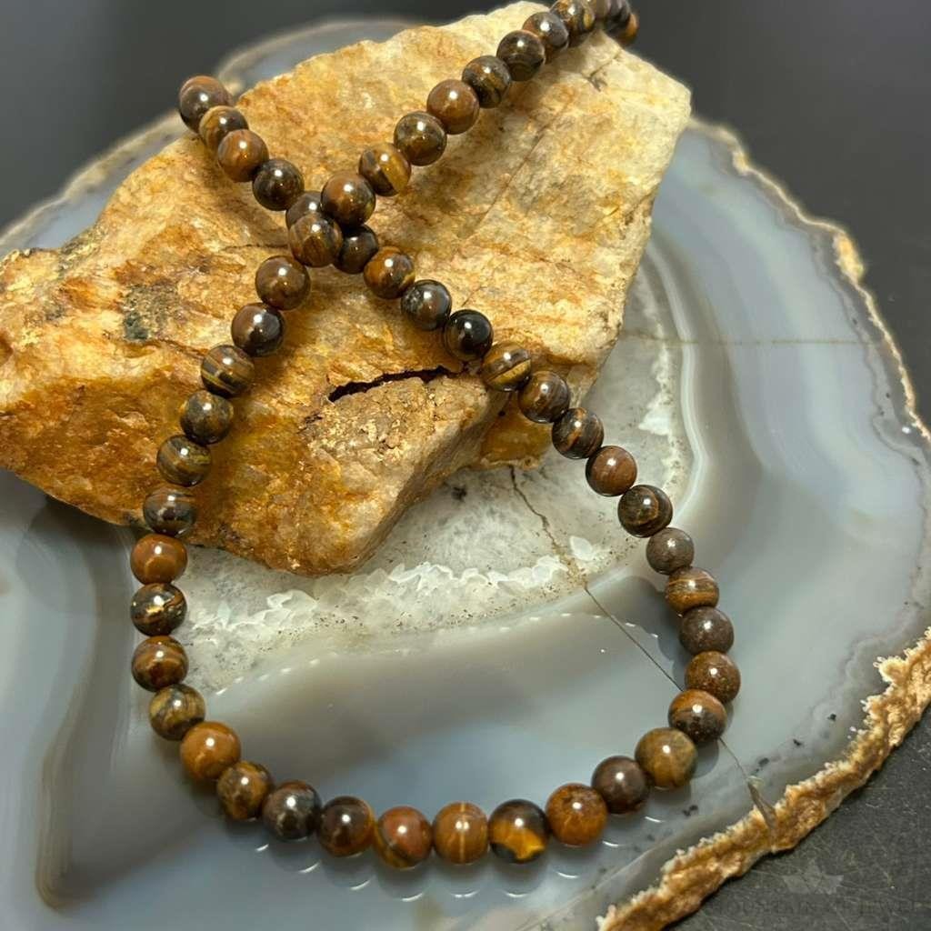 Sterling Silver 6mm Tiger's Eye Beads 16" Necklace For Women