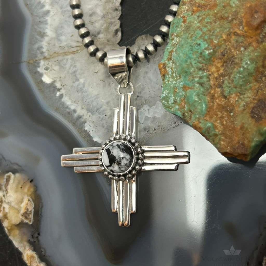 Sterling Silver Southwestern Style Rounded White Buffalo Unisex Zia Pendant #1
