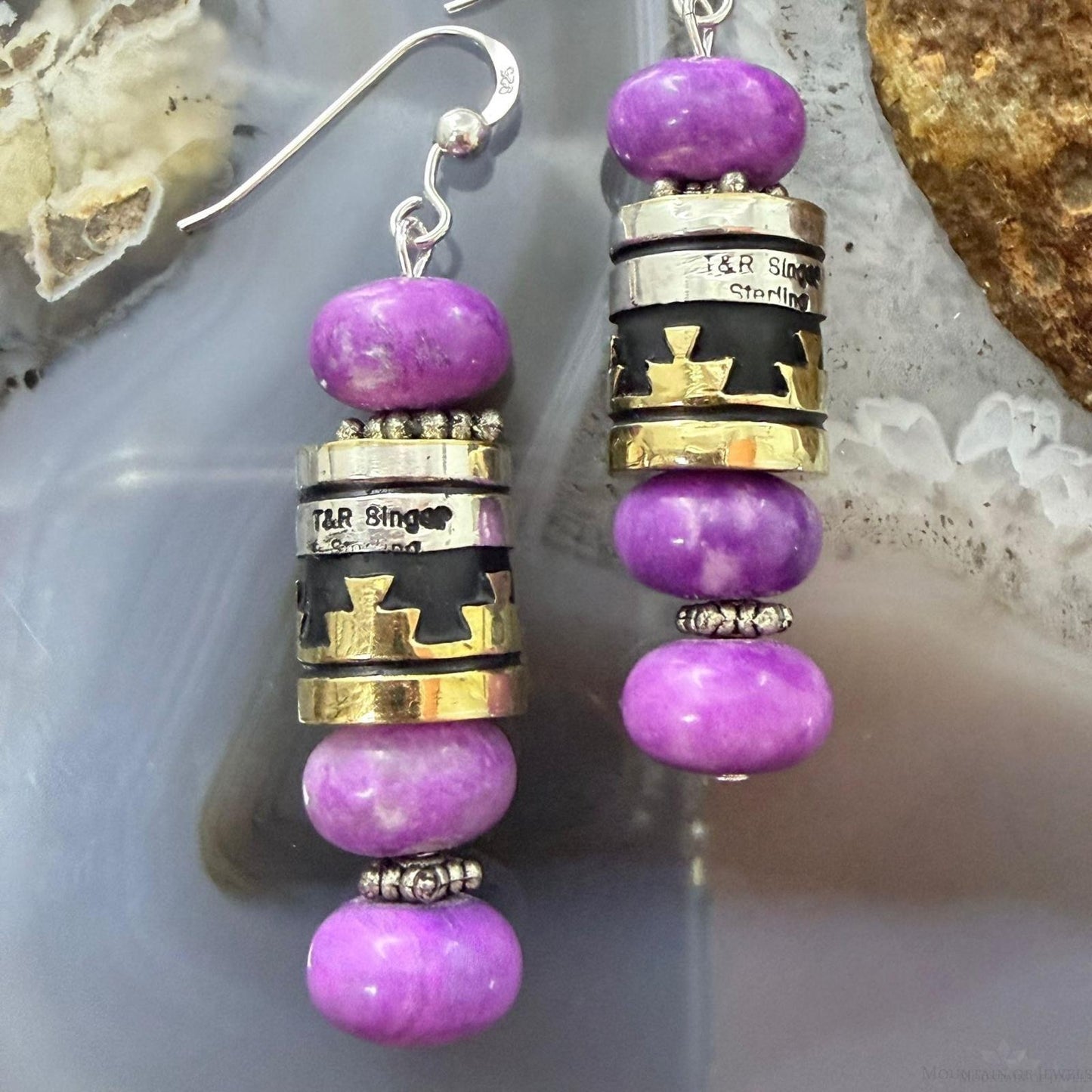 Tommy & Rosita Singer Sterling Silver Charoite Rounded Beads Dangle Earrings For Women