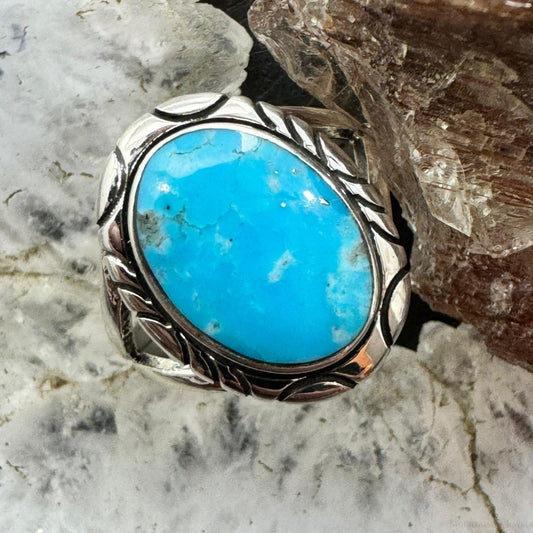 Native American Sterling Silver Oval Kingman Turquoise Decorated Ring Size 8.5 For Women