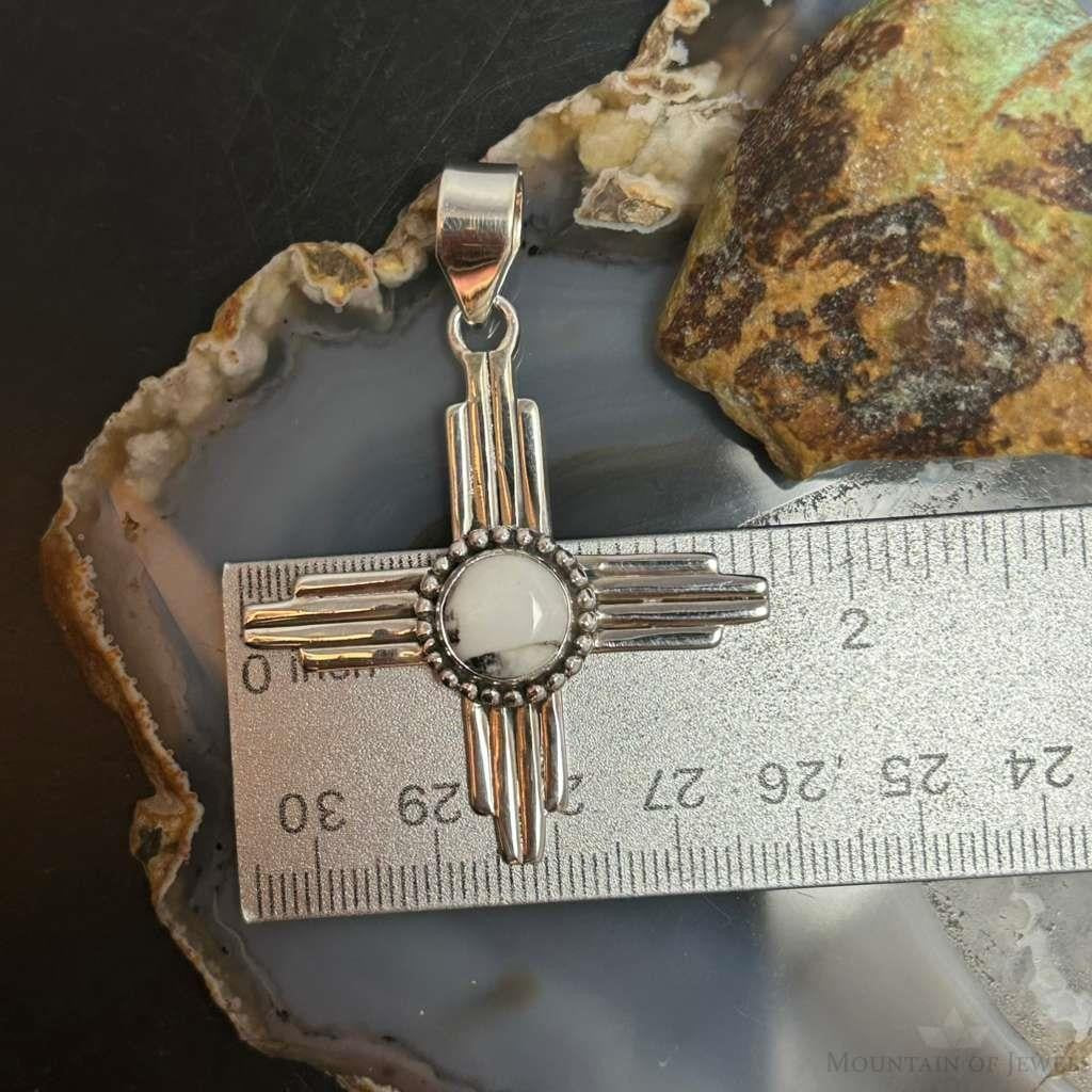 Sterling Silver Southwestern Style Round White Buffalo Unisex Zia Pendant #2