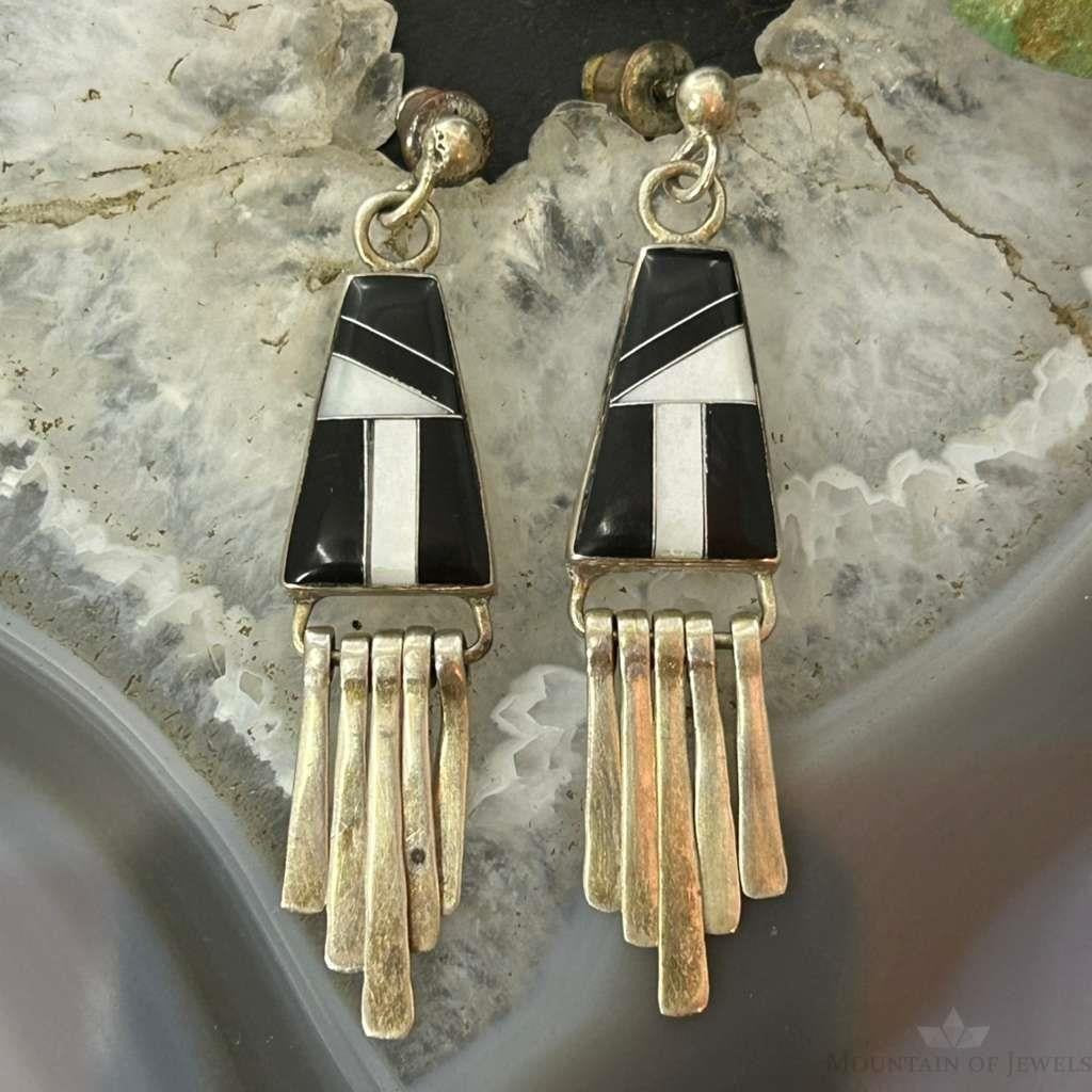 Vintage Native American Sterling Silver Onyx & MOP Inlay Dangle Earrings For Women