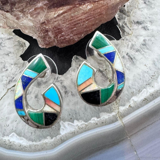 Vintage Native American Sterling Silver Multistone Inlay Post Earrings For Women