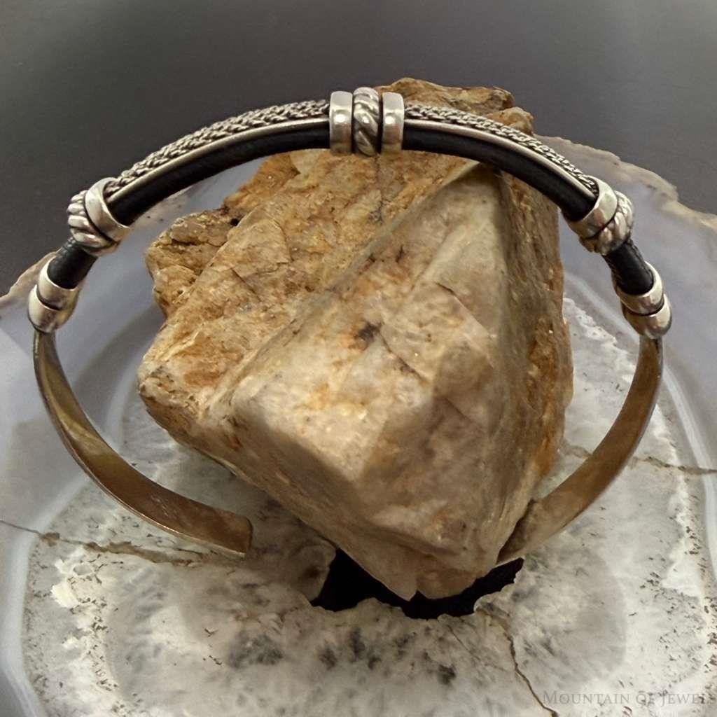 Vintage Braided Sterling Silver Over Black Leather Fashion Bracelet For Women
