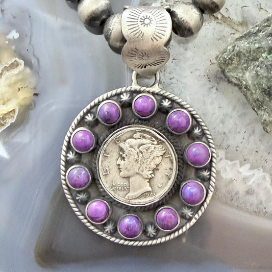 Genuine 1943 90% Silver Mercury Dime Coin w/Purple Dahlia Unisex Decorated Pendant