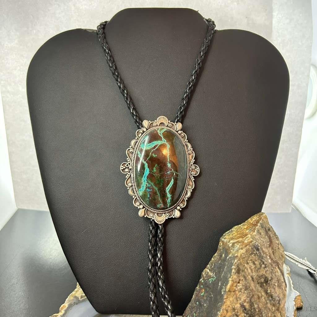 Sterling Silver Southwestern Style Large Chrysocolla Decorated Bolo Tie For Men