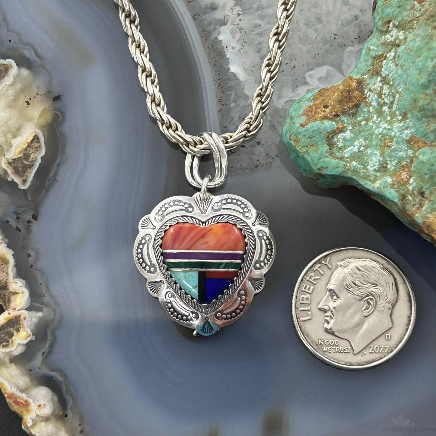 QT Quoc Sterling Silver Southwestern Style Multistone Inlay Heart Pendant For Women