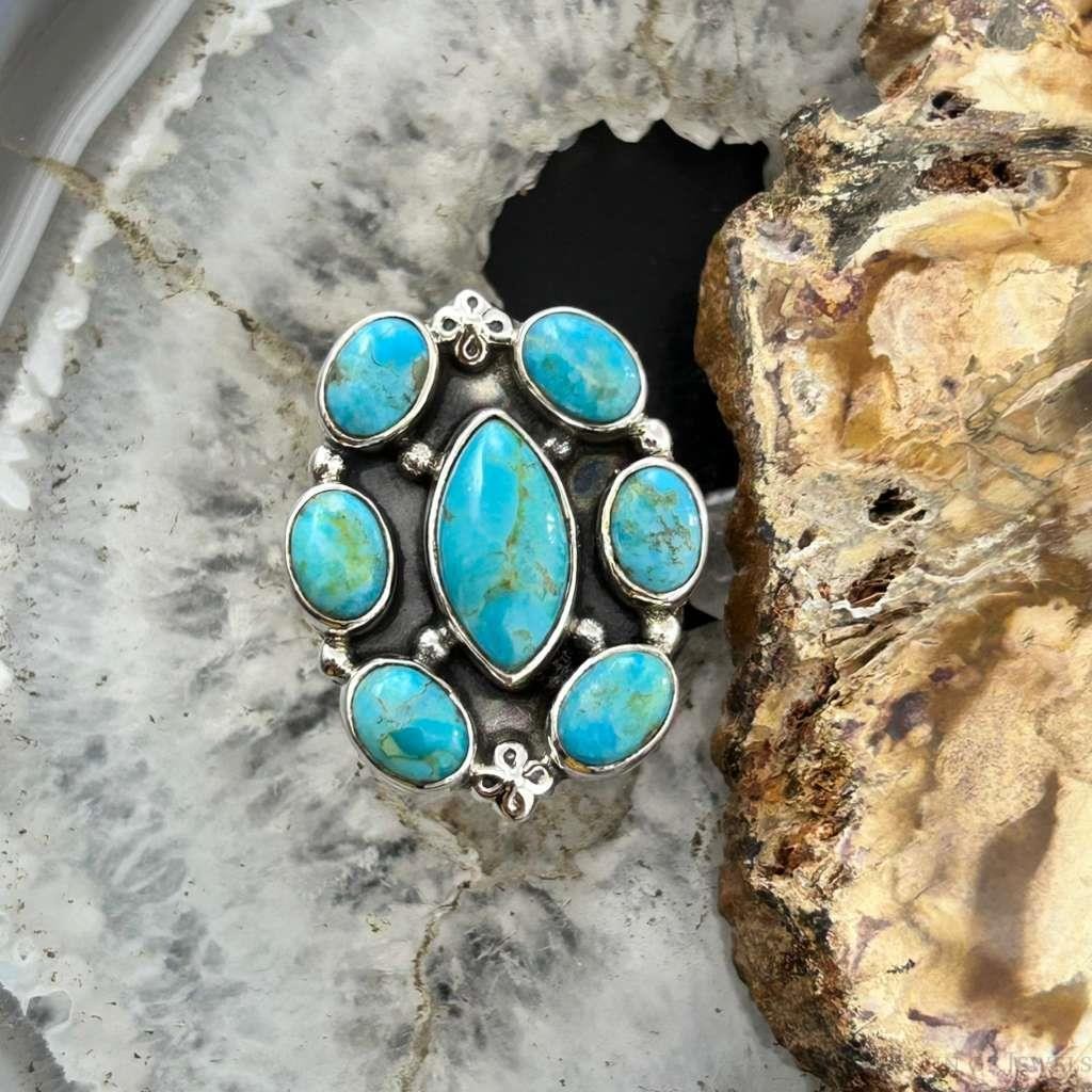 Sterling Southwestern Style Mohave Turquoise Cluster Ring Size 8 For Women