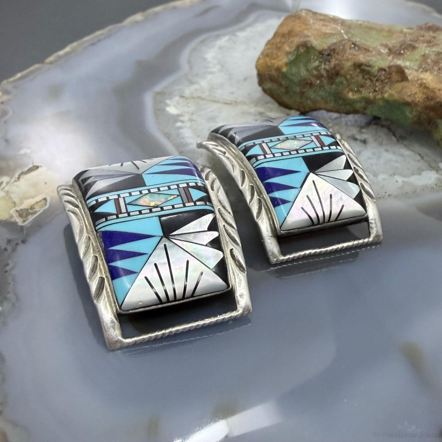 Native American Vintage Sterling Silver Multi Gemstone Inaly Watch Band Tips