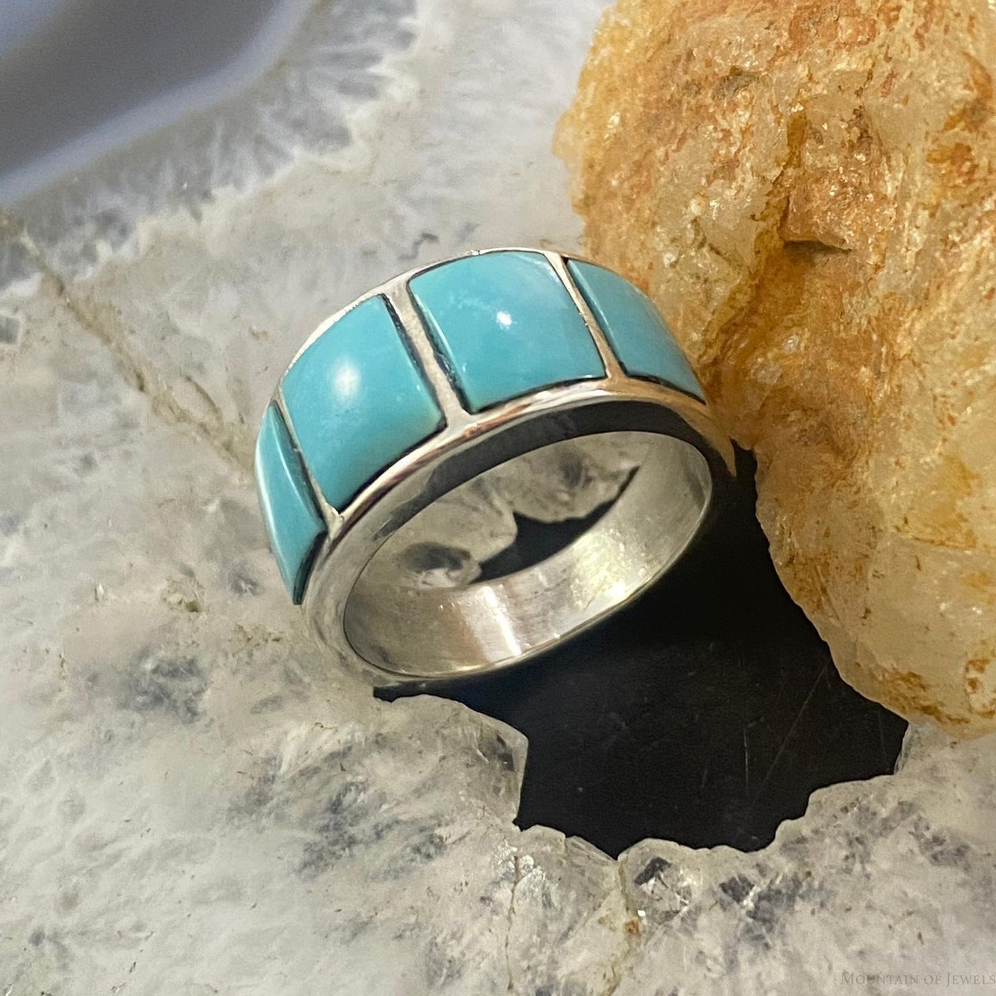 Native American Sterling Blue Ridge Turquoise Graduated Band Ring Size 7.5