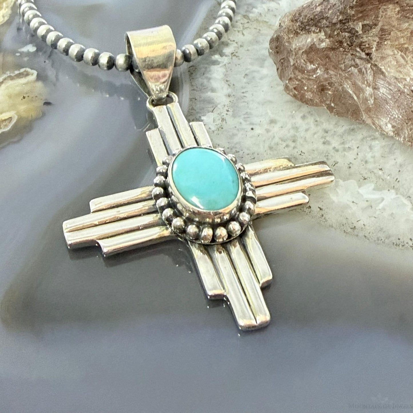 Sterling Silver Southwestern Style Oval Turquoise Unisex Zia Pendant