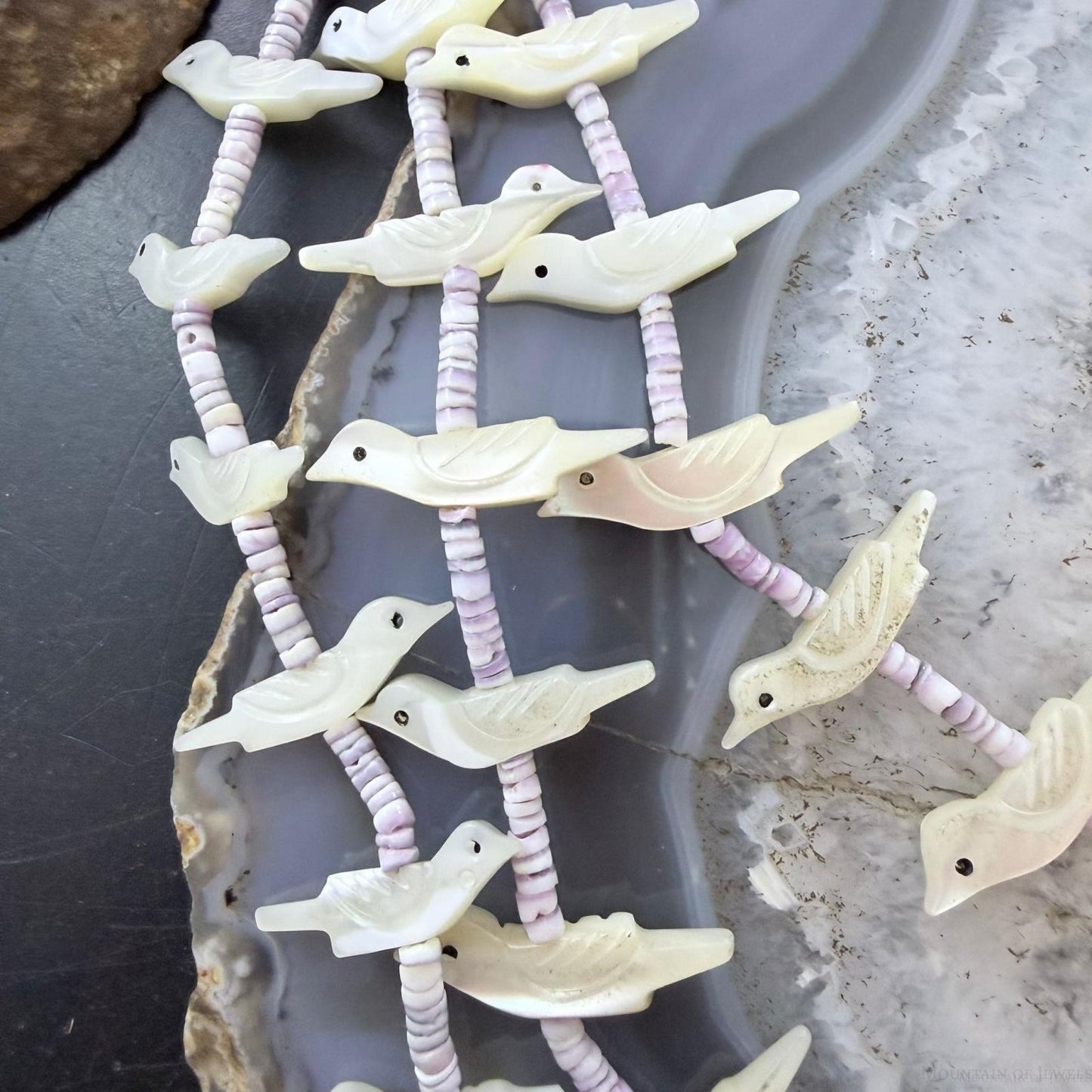 Vintage Sterling Silver 3 Strands White Shell Carved Birds & Shell Necklace For Women